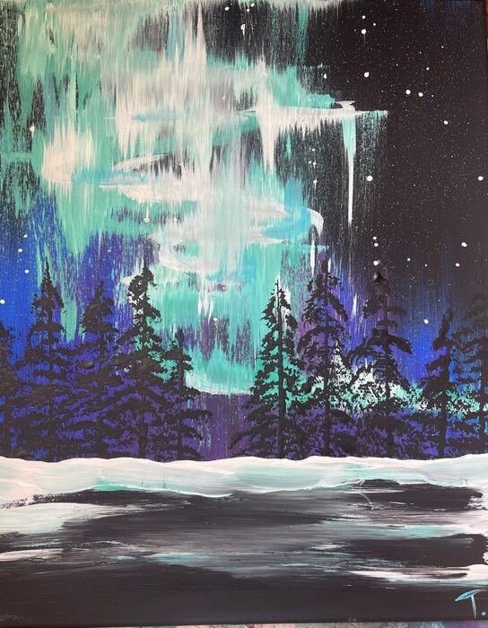 Community paint night artwork, northern lights over pines