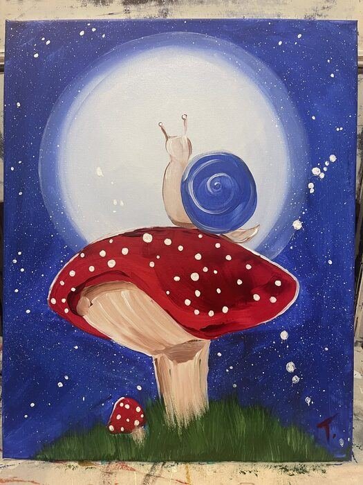 Community paint night artwork, snail on a mushroom under the moon