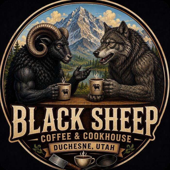 Illustrated Black Sheep mascot artwork, sighting with a wolf