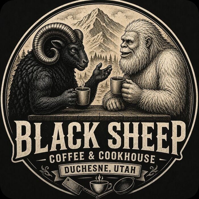 Illustrated Black Sheep mascot artwork, sighting with a sasquatch