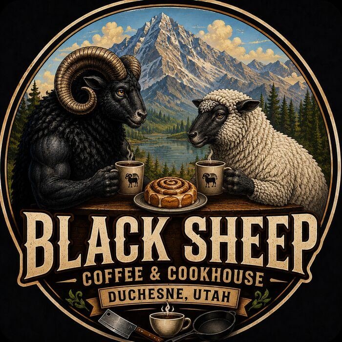 Illustrated Black Sheep Coffee label artwork, mountain scene