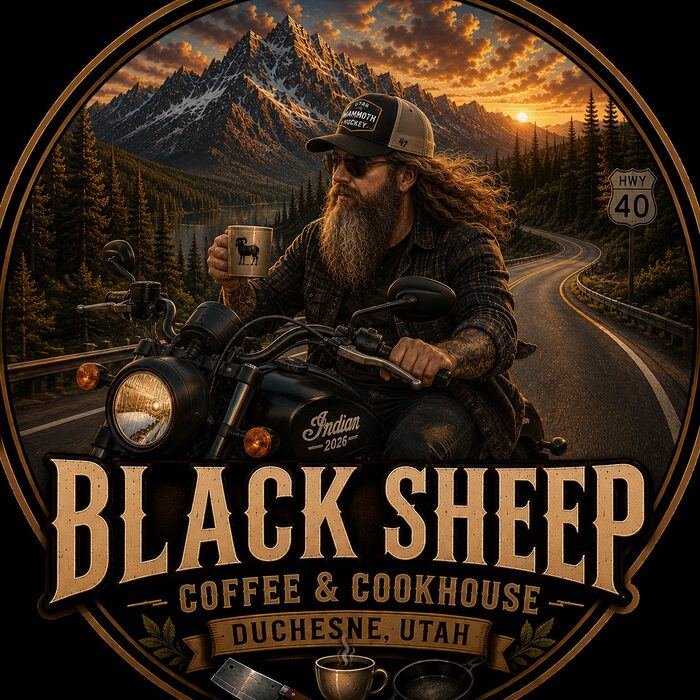 Illustrated Black Sheep Coffee label artwork, solo motorcycle rider
