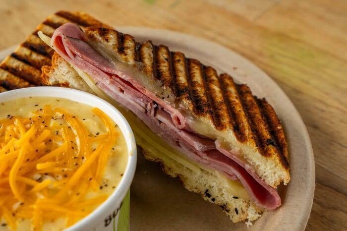 Ham and cheese panini with soup