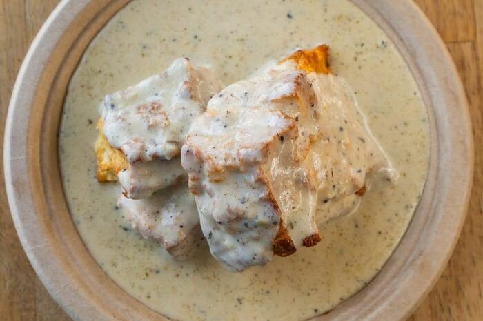 Biscuits and gravy, overhead shot